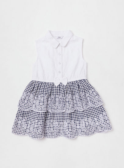 Checked Sleeveless Tiered Dress with Bow Detail and Button Closure