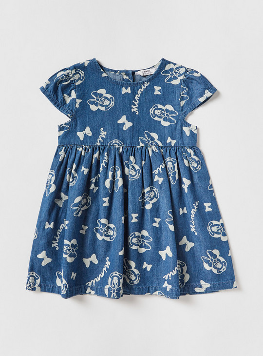 Minnie Mouse Print Denim Dress with Round Neck and Cap Sleeves