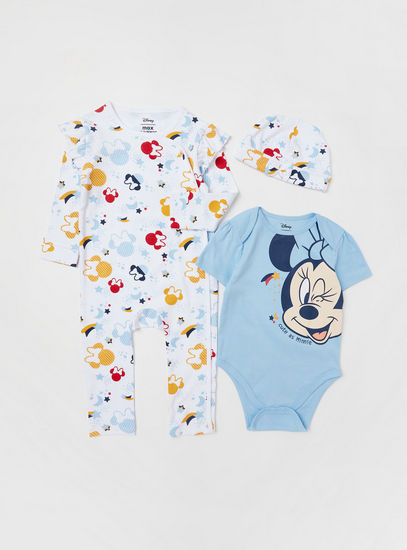 Minnie Mouse Print Sleepsuit with Cap and Bodysuit