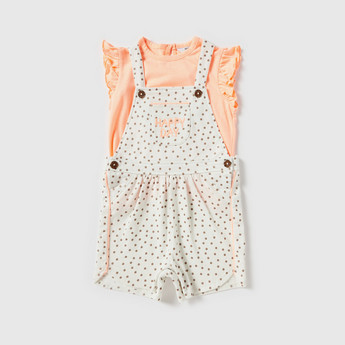 Solid Round Neck Top and Polka Dot Print Dungaree Set