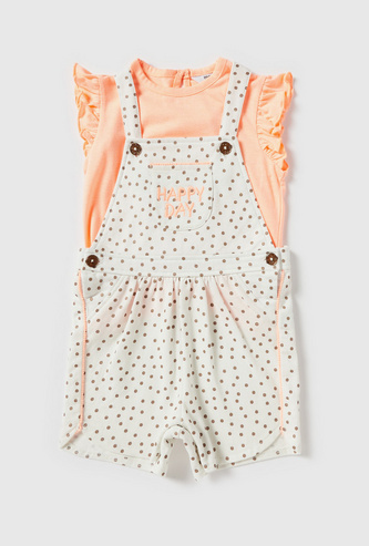Solid Round Neck Top and Polka Dot Print Dungaree Set