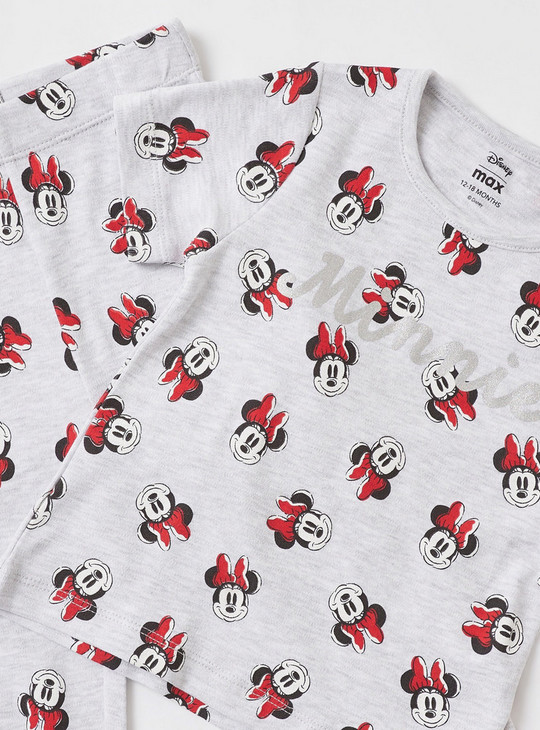 Minnie Mouse Print Round Neck T-shirt and Full Length Pyjama Set