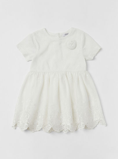 Embroidered Mesh Overlay A-line Dress with Short Sleeves and Button Closure