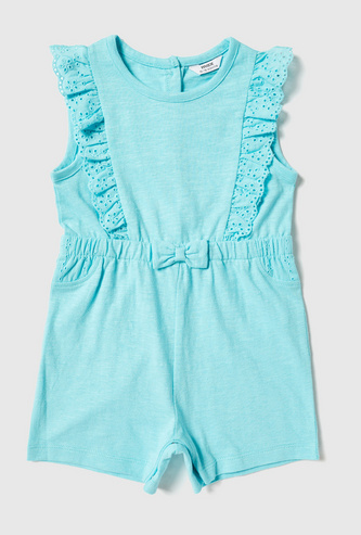 Solid Sleeveless Playsuit with Ruffles and Bow Accent