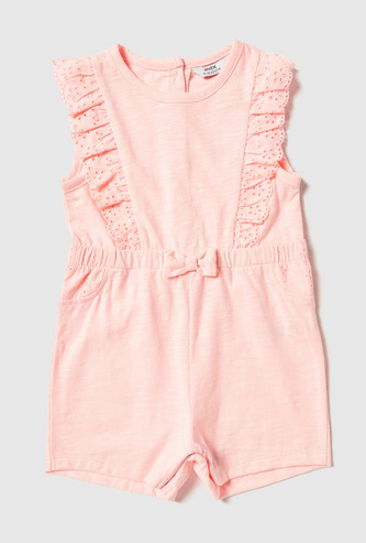 Solid Sleeveless Playsuit with Ruffles and Bow Accent