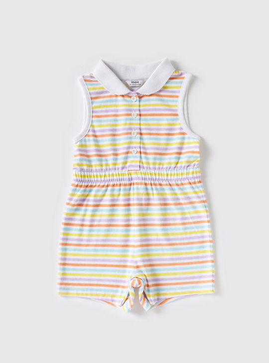 Striped Sleeveless Playsuit with Collared Neck and Button Closure