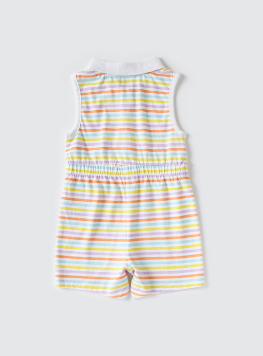 Striped Sleeveless Playsuit with Collared Neck and Button Closure