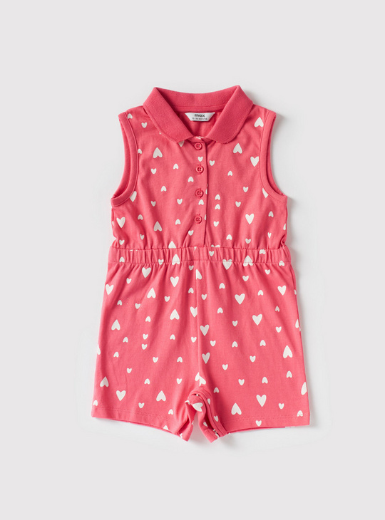 Heart Print Sleeveless Playsuit with Collared Neck and Button Closure