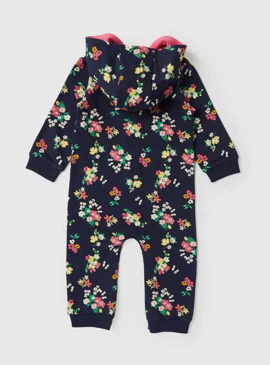 All-Over Floral Print Hooded Romper with Long Sleeves and Zip Closure