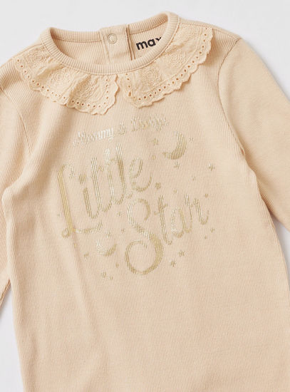 Printed Sleepsuit with Lace Collar and Long Sleeves