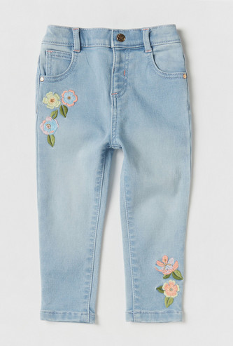 Floral Embroidered Mid-Rise Denim Jeans with Button Closure