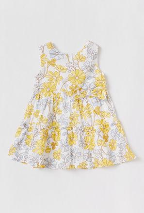 All Over Floral Print Tiered Dress with Round Neck and Bow Detail
