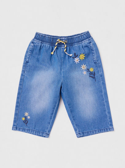 Solid Denim Pants with Pockets and Embroidered Detail-Trousers-image-0