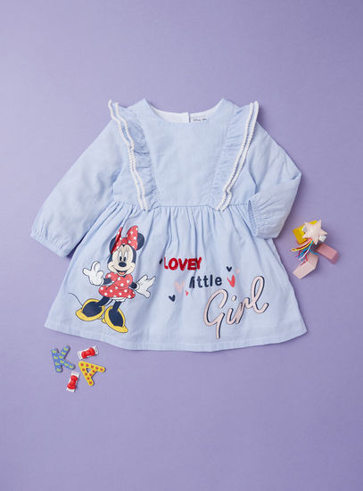 Minnie Mouse Print Striped Dress with Long Sleeves and Frill Detail