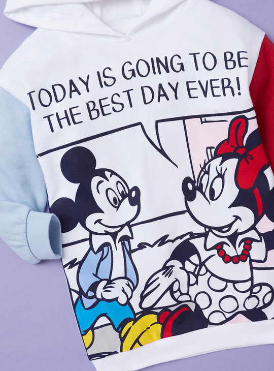Minnie Mouse Print Sweat Dress with Long Sleeves and Hood