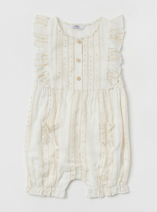 Embellished Sleeveless Romper with Ruffles and Button Closure