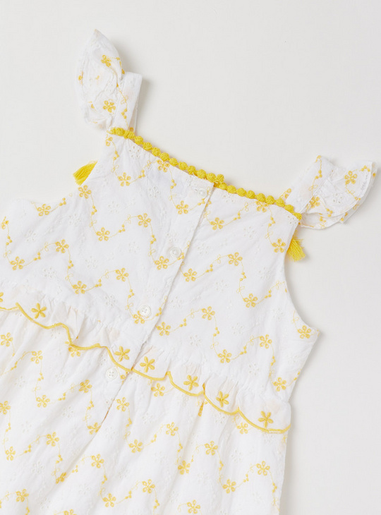 Schiffli Detail Floral Romper Sleeveless Dress with Button Closure