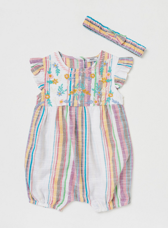 Striped Round Neck Romper with Frill Sleeves and Hairband