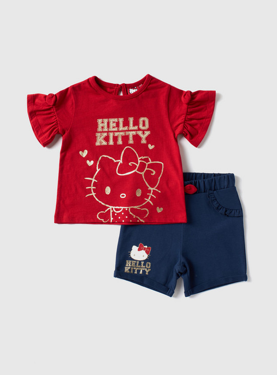Hello Kitty Foil Print T-shirt and Bow Accented Shorts Set