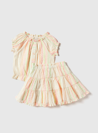Striped Round Top and Tiered Skirt Set