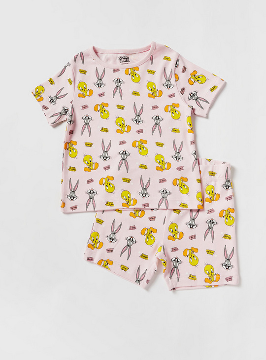 All-Over Looney Tunes Print T-shirt and Elasticated Shorts Set