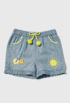 Embroidered Shorts with Bow Accent and Elasticated Waistband