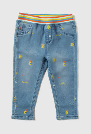 Printed Mid-Rise Denim Jeggings with Elasticated Waistband