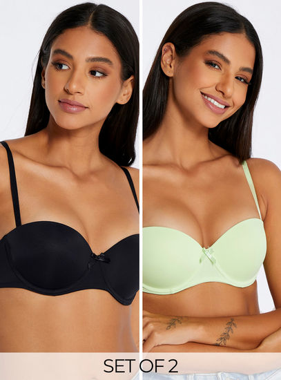 Pack of 2 - Plain Balconette Bra with Lace Detail and Adjustable