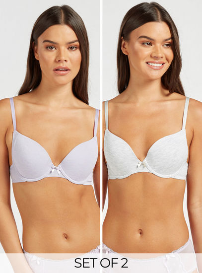 Set of 2 - Solid Plunge Bra with Hook and Eye Closure and Bow Detail