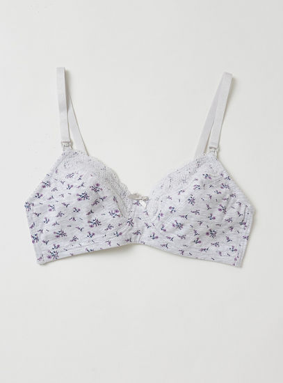 Floral Print Non Padded Bra with Lace Detail