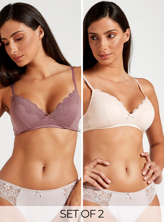 Set of 2 - Solid Bra with Hook and Eye Closure with Lace Detail