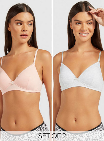 Set of 2 - Solid A-Frame Bra with Hook and Eye Closure and Bow Detail