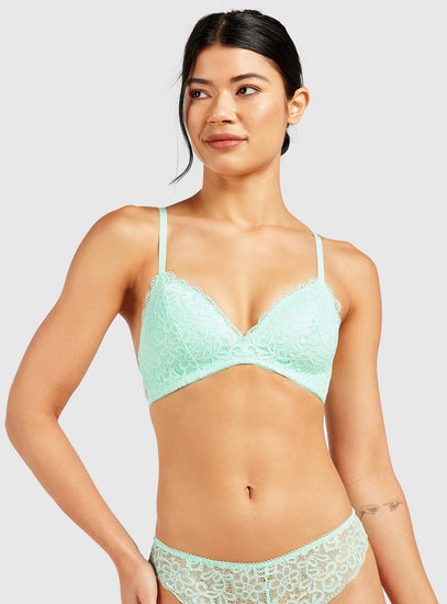 Lace Textured Non-Wired Padded Bra with Adjustable Straps