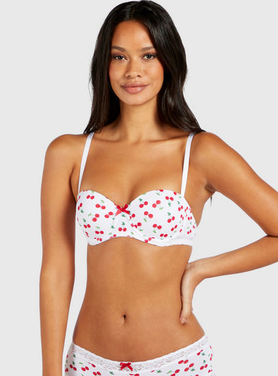 All-Over Cherry Print Balconette Bra with Hook and Eye Closure