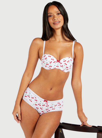 All-Over Cherry Print Balconette Bra with Hook and Eye Closure