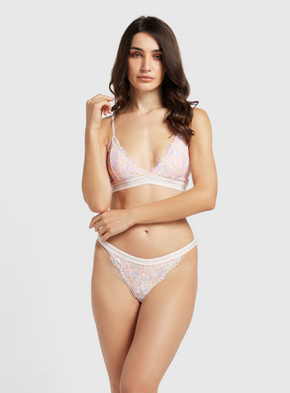 Floral Print Padded Bra with Adjustable Straps and Lace Detail