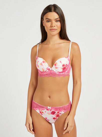 All-Over Floral Plunge Bra with Hook and Eye Closure and Lace Detail