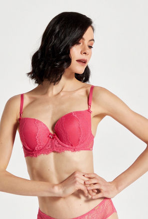Solid Plunge Bra with Hook and Eye Closure and Lace Detail