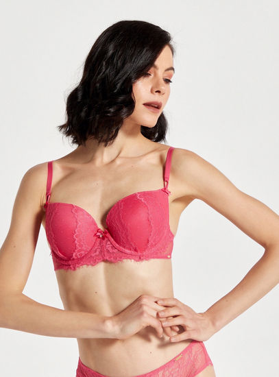 Solid Plunge Bra with Hook and Eye Closure and Lace Detail