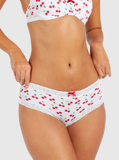 All-Over Cherry Print Boyshorts Briefs with Elasticated Waistband and Lace Detail