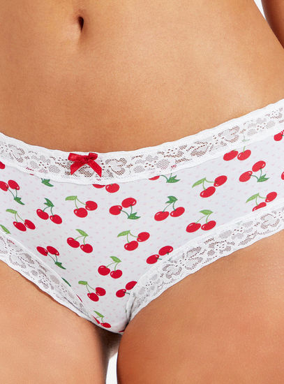 All-Over Cherry Print Boyshorts Briefs with Elasticated Waistband and Lace  Detail