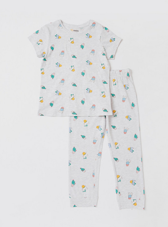 Printed 4-Piece Round Neck T-shirt and Full Length Pyjama Set