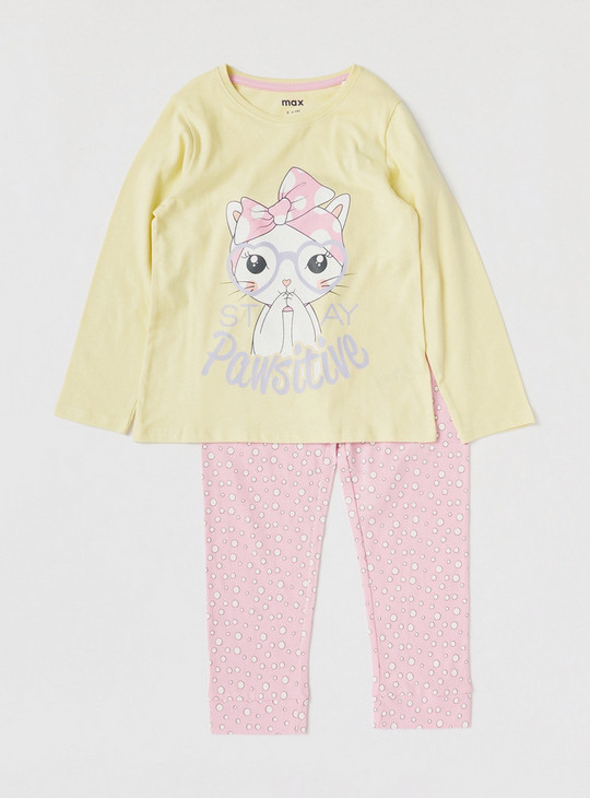 Cat Print T-shirt and All-Over Printed Pyjamas Set