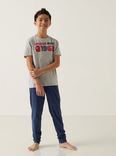 Spiderman Print Round Neck T-shirt and Full Length Pyjama Set