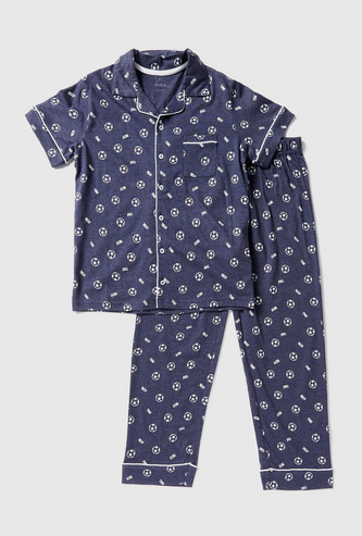 Ball Print Short Sleeves Shirt and Pyjama Set