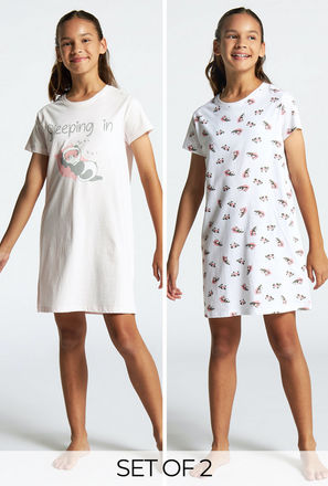 Set of 2 - Panda Print Sleepshirt with Round Neck and Short Sleeves