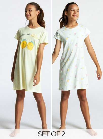 Set of 2 - Lemon Print Sleepshirt with Round Neck and Short Sleeves-Sleepshirts-image-0