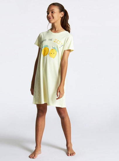 Set of 2 - Lemon Print Sleepshirt with Round Neck and Short Sleeves