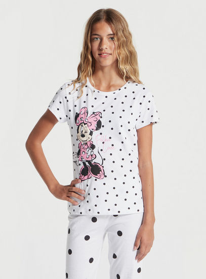 Minnie Mouse Print Round Neck T-shirt and Full Length Pyjama Set-Pyjama Sets-image-0
