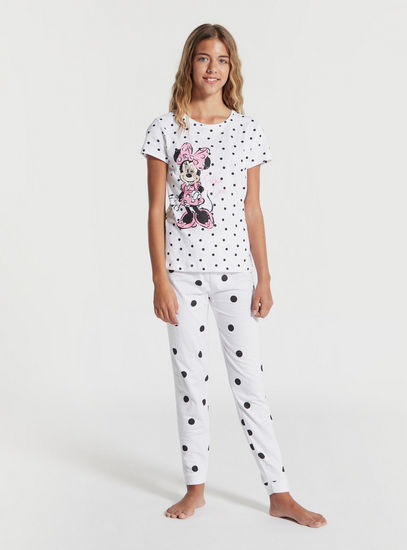 Minnie Mouse Print Round Neck T-shirt and Full Length Pyjama Set-Pyjama Sets-image-1